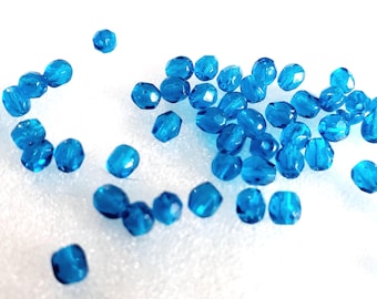 4mm Capri Blue Czech Firepolish, Round Aqua Glass Beads