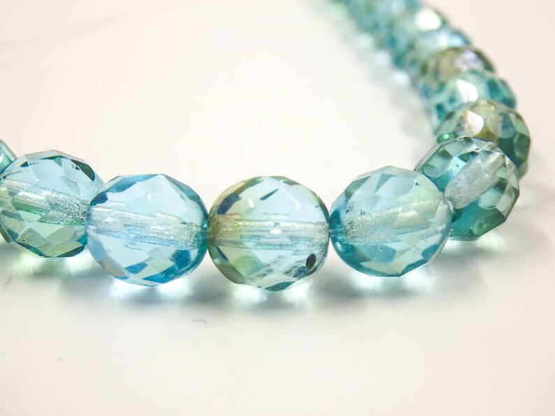 25 Silver//Blue//Crystal Czech Firepolished Faceted Round Glass Beads 8mm