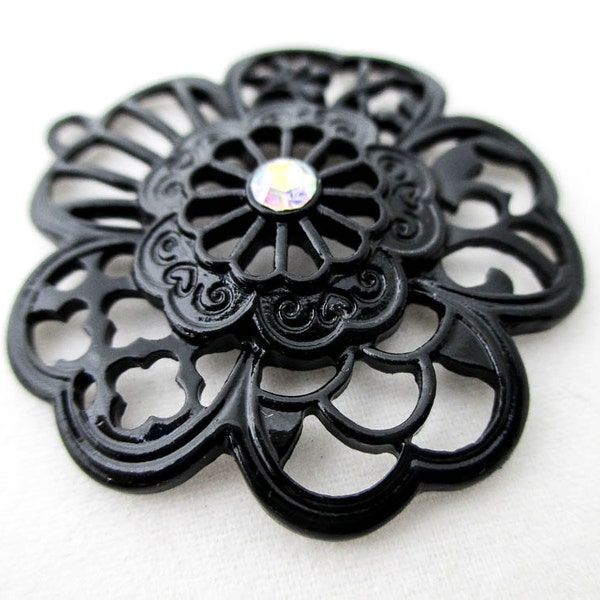 35mm Black Enameled Metal Floral Filigree Vintage Pendant with AB Aurora Borealis Crystal Center 35mm Metal Enamel Flower