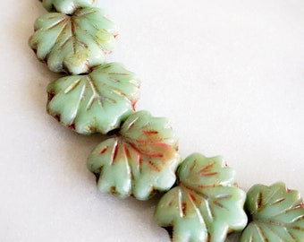 10 Sage Green With Rusty Picasso Finish 13mm Leaf Beads, Czech Glass Maple Leaf Beads, Green Grey Picasso