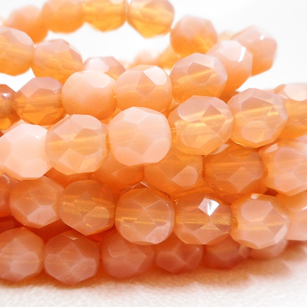 Peach Opal 6mm Fire-Polish Glass Czech Beads, twenty-five (25) Faceted Beads, Czech Glass, Milky Soft Pink Opal Glass Beads, Apricot Round