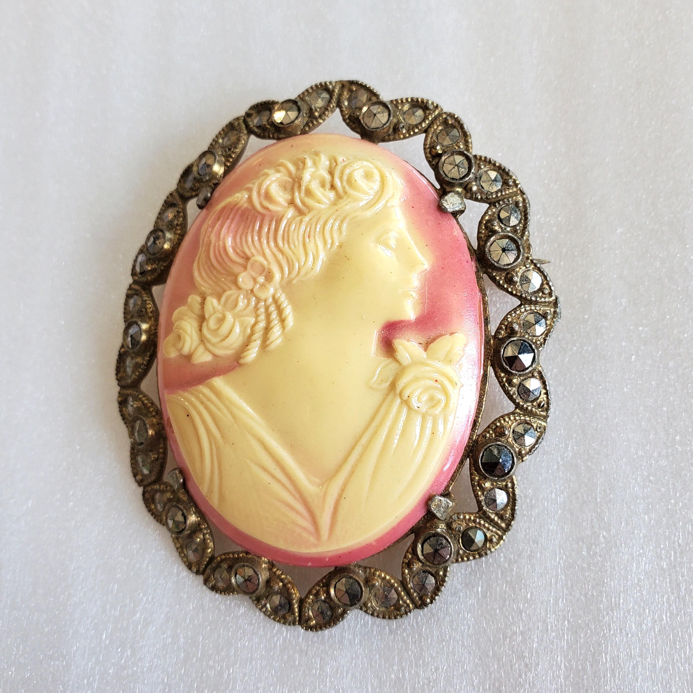 Broche Camée Ancienne En Argent & Celluloïde Avec Marcassites - Occasion, Style Vintage