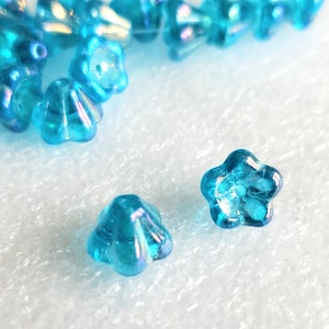 Aqua AB Czech Glass Bell Flower Beads: 8x6mm, Teal Iris Luster