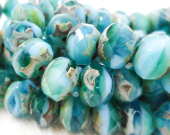 Wieder aufgefüllt! 6 x 8 mm Rondelle Multi Blau-Grün Fusion Blend mit Picasso Finish Tschechische Glasperlen, voller Strang von fünfundzwanzig (25) facettierten Perlen