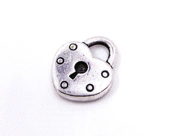 2pc Heart Lock Charm Antiqued Silver Plate - Tierracast USA - lead-free