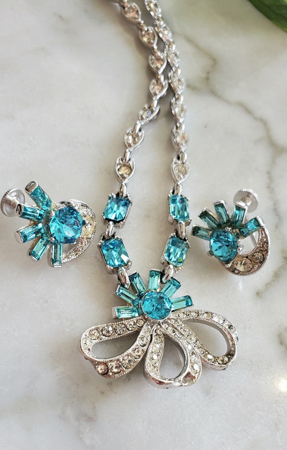 Bogoff Aqua And Clear Rhinestone Necklace And Earr