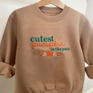 May include: A tan sweatshirt with the text "cutest pumpkin in the patch" embroidered in green and orange.