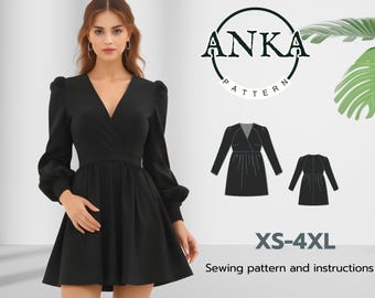 Patrón de vestido de verano con manga abullonada y detalle cruzado / Tallas XS-4XL / Tallas EE. UU. 02-30 / Tamaños A4-A0 (PDF)