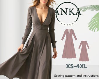 Patrón de costura para vestido con falda amplia y escote en V profundo: tallas XS-4XL (EE. UU.) (PDF A4-A0)