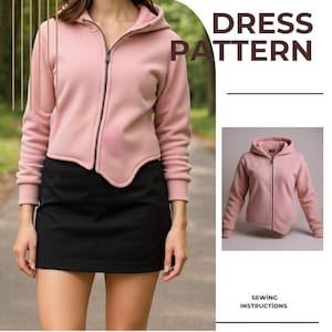 Puede incluir: Sudadera con capucha rosa claro con cremallera negra y un dobladillo curvo único. Se combina con una minifalda negra. La imagen también incluye el texto "DRESS PATTERN" y "SEWING INSTRUCTIONS".