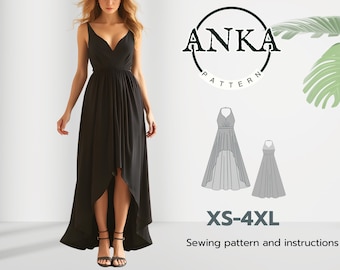 Patrón de vestido elegante con escote halter: Disponible desde la talla XS hasta la 4XL, con guía en PDF fácil de seguir.