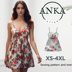 Puede incluir: Un patrón de costura para un vestido de verano con estampado floral. El patrón está disponible en tallas XS-4XL. La imagen muestra a una mujer usando el vestido y un dibujo de línea del vestido.