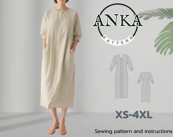 Patrón de vestido renacentista de cuello redondo, midi abotonado, PDF A4-A0, tallas XS-4XL