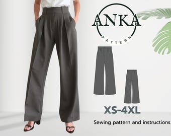 Patrón de costura para pantalón plisado de pierna ancha: Tallas XS-XXXXL para mujer (PDF A4/A0)