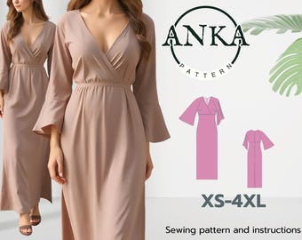 Patrón de vestido de mujer en PDF / Cuello cruzado / Manga ancha / Tallas XS-4XL