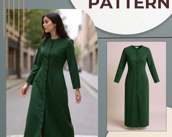 PDF Mönster för knäppt damklänning i linne i vintagestil, Cottagecore, vintersömnad, gör-det-själv