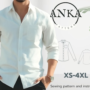 May include: A white long-sleeve button-down shirt with a pocket on the left side. The shirt is shown on a model with a black belt and black pants. The image also includes a sewing pattern for a shirt with the text "ANKA PATTERN" and "XS-4XL Sewing pattern and instructions".