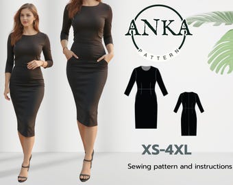 Patrón de costura para falda lápiz, vestido midi, tallas XS a 4XL, formato PDF A4-A0, tallas US 02-30
