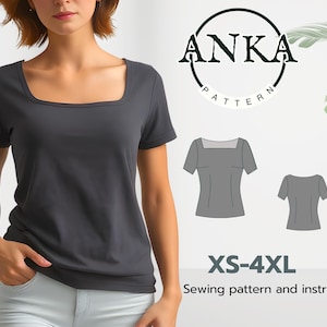 Puede incluir: Un patrón de costura para una blusa de cuello cuadrado, con una modelo que lleva la prenda terminada. El patrón está disponible en tallas XS-4XL e incluye instrucciones. El patrón se llama "Anka Pattern".
