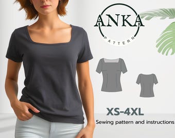 DIY Square Collar T-Shirt Pattern for Women - Sizes XS-4XL - Printable PDF Sewing Pattern