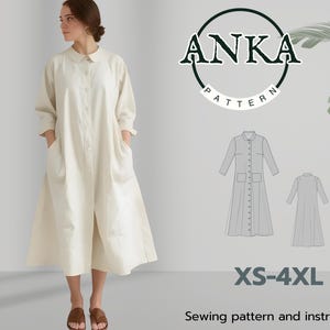 May include: A sewing pattern for a long, white, button-down dress with pockets. The pattern is available in sizes XS-4XL. The pattern is called "Anka Pattern".