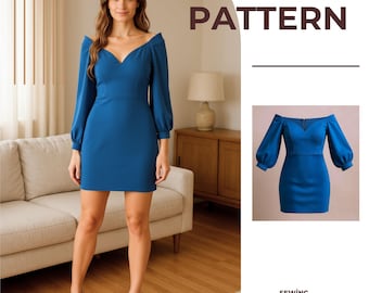 Mini Dress Sewing Pattern PDF XS–4XL  Long Sleeve V Neck Cocktail Dress