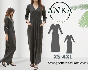 Patrón de costura para vestido elegante con mangas - Instrucciones fáciles de seguir, tallas XS-4XL