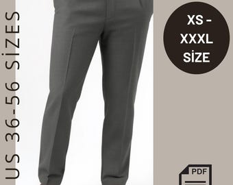 Patrón de pantalón de hombre de corte cómodo con doble pliegue, tallas US36-56, formato A4, A0 y PDF.