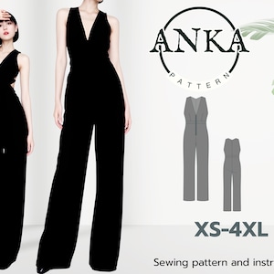 Könnte beinhalten: Ein Schnittmuster für einen weiten Jumpsuit mit V-Ausschnitt. Das Schnittmuster ist in den Größen XS-4XL erhältlich. Das Bild zeigt eine Frau, die einen schwarzen Jumpsuit trägt, und eine Strichzeichnung des Jumpsuits in Grau.