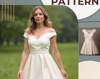 Patrón PDF de vestido minimalista estilo skater con hombros descubiertos, proyecto de costura DIY para verano