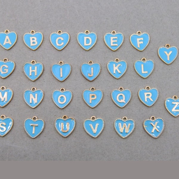 Gold Light Blue Enamel Alphabet Charms Heart Zinc Alloy Capital Letter Beads Pendants DIY Jewelry Making Accessories" A-Z " 15mm