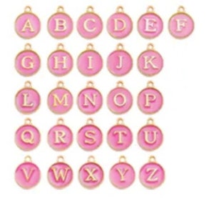 Ouro claro rosa 2 esmalte alfabeto encantos redondos liga de zinco letras maiúsculas pingentes diy jóias fazendo acessórios "A-Z" 12mm