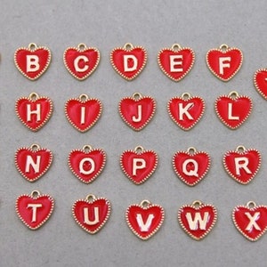 Ouro vermelho esmalte alfabeto encantos coração liga de zinco letras maiúsculas pingentes diy jóias fazendo acessórios "A-Z" 15mm
