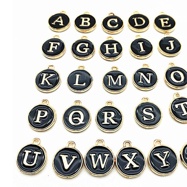 Gold Black Enamel Alphabet Charms Round Zinc Alloy Capital Letter Beads Pendants DIY Jewelry Making Accessories" A-Z " 12mm