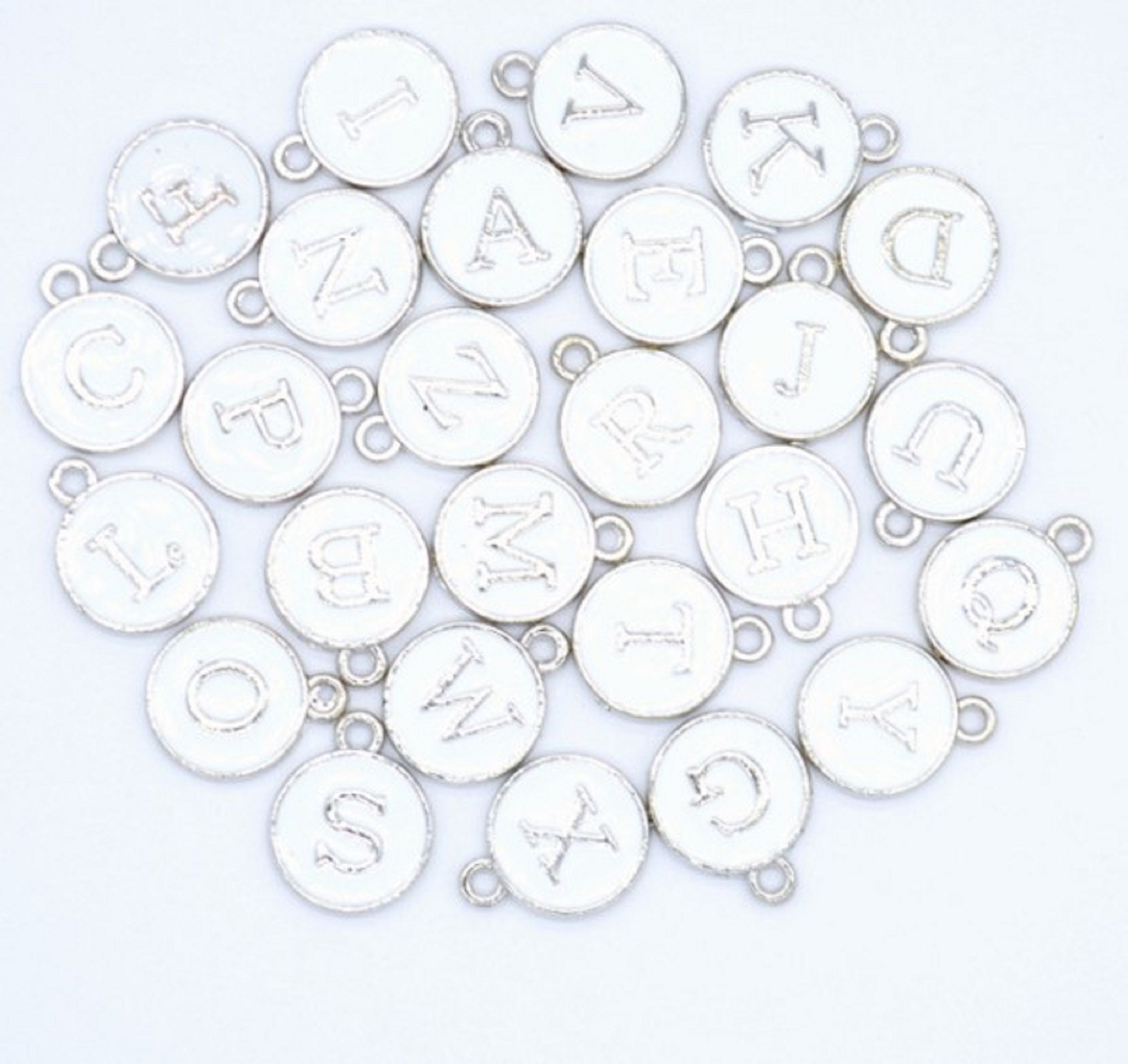 Silver Enamel Alphabet Charms Round Zinc Alloy Capital Letter Beads P…