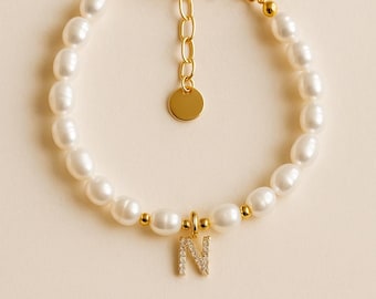 Bridesmaid Pearl Initial Bracelet: 18K Gold Plated Charm, Freshwater Pearls