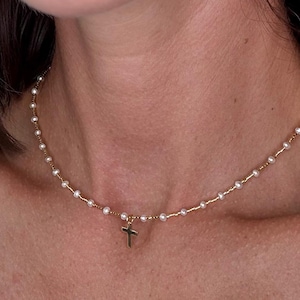 Dainty Pearl Cross Choker: 18k Gold-Plated Christian Necklace