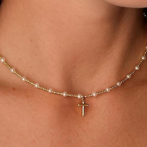 Dainty Pearl Choker Necklace: 18k Gold Cross, Freshwater Pearls