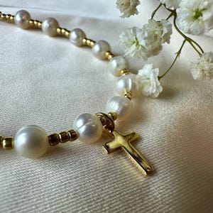 Pearl Baptism Bracelet: Gold Cross Charm, Freshwater Pearls