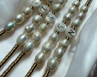 Personalized Pearl Initial Bracelet, Gold Beaded Bridesmaid Gift