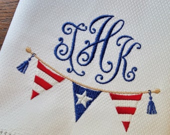 Embroidered Monogrammed Patriotic Bunting ~ Kitchen or Guest Towel ~ 4th of July & Memorial Day Decor ~ Red, White and Blue!