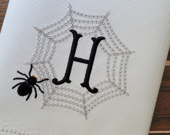Embroidered Chic Spider & Web Monogrammed Towel ~ Halloween Décor ~ Kitchen, Bar Cart or Guest Towel ~ Hemstitched Hand Towel