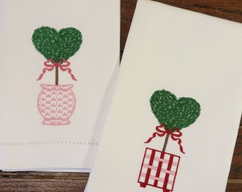 Embroidered Chic Boxwood Topiary ~ Valentine's Day Décor ~ Kitchen, Bar Cart or Guest Towel ~ Terry and Hemstitched Hand Towels