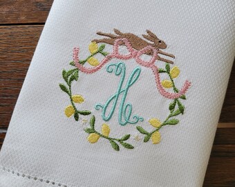 Monogrammed Bunny & Lemon Wreath Towel  ~ Easter, Spring Décor ~ Kitchen, Bar Cart or Guest Towel ~ Hemstitched Huck Towel