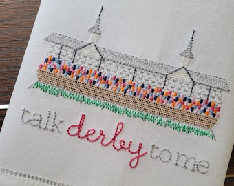 Embroidered Derby Themed Linen Guest Towel ~ Derby Party Decor ~ Talk Derby to Me ~ Hemstitched Hand Towel