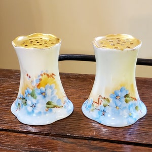 Exquisite Antique Royal Austria China Salt & Pepper Shakers with Blue Flowers and Gold Hand Painted Tops