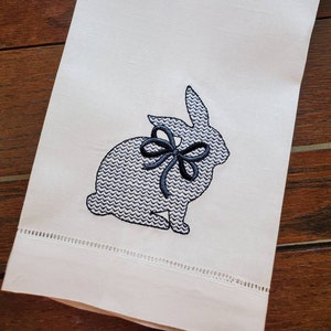 Embroidered Chevron Bunny Linen Guest Towel ~ Bunny with Bow ~ Classic Easter Decor ~ Blue and White Hare ~ Hemstitched Hand Towel