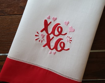 Embroidered Hugs and Kisses ~ Valentine's Day Décor ~ Kitchen, Bar Cart or Guest Towel ~ Terry and Hemstitched Hand Towels