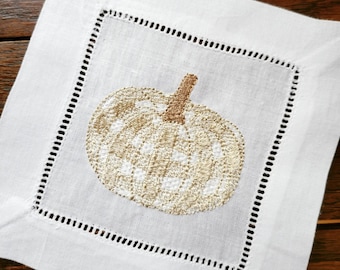 Custom Embroidered Linen Cocktail Napkins ~ Gingham Pumpkins ~ Perfect for Fall & Thanksgiving!