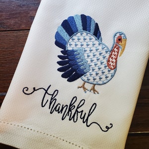 Embroidered Chic Herend Turkey ~ Thankful! ~ Thanksgiving & Fall Décor ~ Kitchen, Bar Cart or Guest Towel ~ Hemstitched Hand Towel